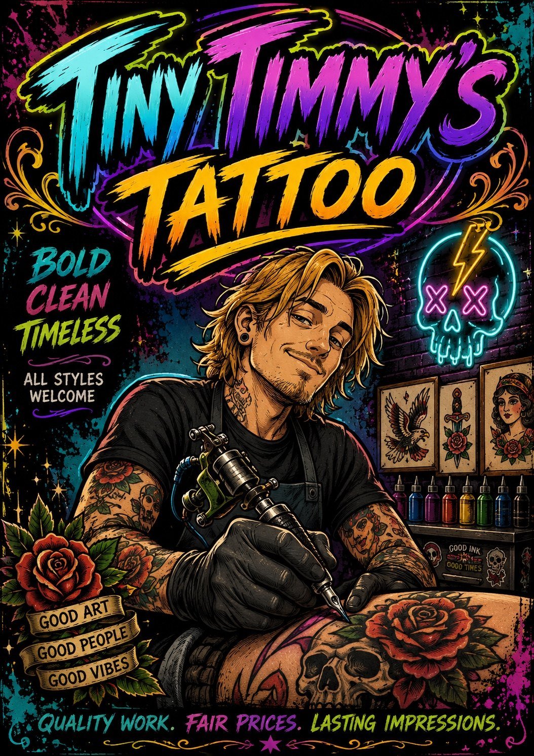 Tiny Timmy's Tattoo illustrated tattoo artist poster
