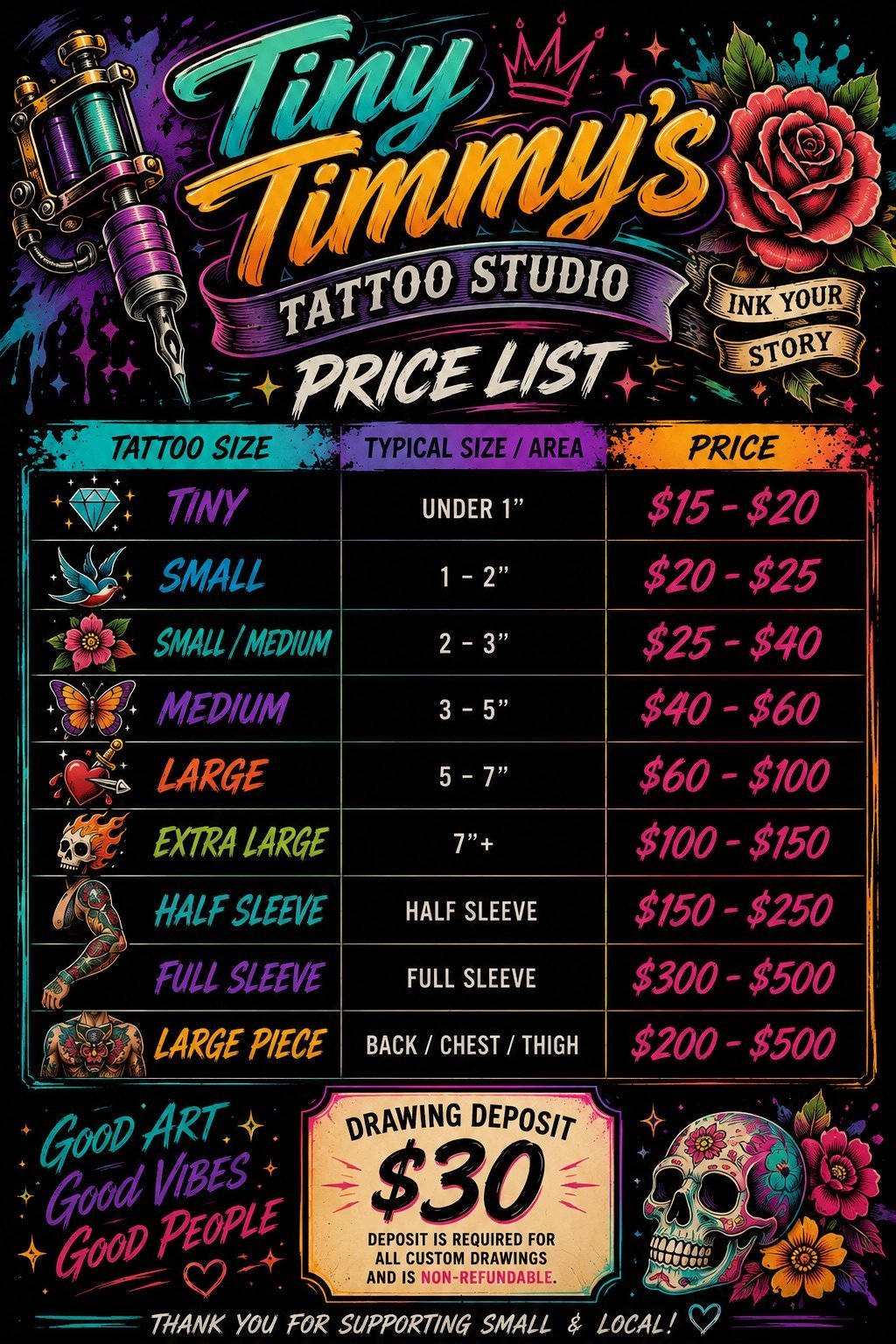 Tiny Timmy's Tattoo price list